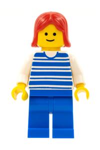 Female Minifigure - Minifigure with blue horizontal lines, white arms, blue legs, and red female hair - hor010