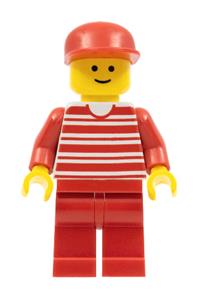 Male Minifigure - Minifigure with red horizontal lines, red arms, and legs wearing a red cap - hor011