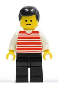 Male Minifigure - Minifigure with red horizontal lines shirt, white arms, black legs, and black male hair - hor012