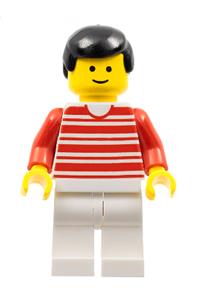 Male Minifigure - Minifigure with red horizontal lines, red arms, white legs, and black male hair - hor013