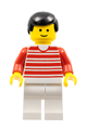 Minifigure with red horizontal lines, red arms, white legs, and black male hair - hor013