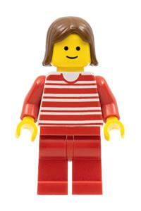 Female Minifigure - Minifigure with red horizontal lines, red arms, red legs, and brown female hair - hor015