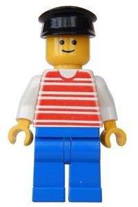 Male Minifigure - Minifigure with red horizontal lines, red arms, blue legs, and wearing a black hat - hor016