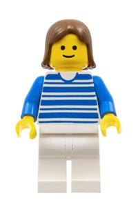 Female Minifigure - Minifigure with blue horizontal lines, blue arms, white legs, and brown female hair - hor017