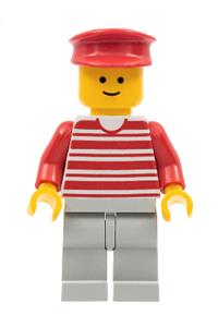 Male Minifigure - Minifigure with red horizontal lines, red arms, light gray legs, and wearing a red hat - hor018