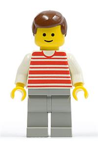 Male Minifigure - Horizontal Lines Red - White Arms - Light Gray Legs, Brown Male Hair - hor019