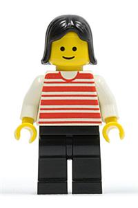 Female Minifigure - Minifigure with red horizontal lines, white arms, black legs, and black female hair - hor020
