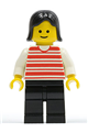Minifigure with red horizontal lines, white arms, black legs, and black female hair - hor020