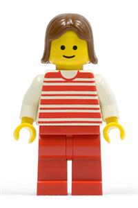 Female Minifigure - Minifigure with red horizontal lines, white arms, and red legs, wearing brown female hair - hor021
