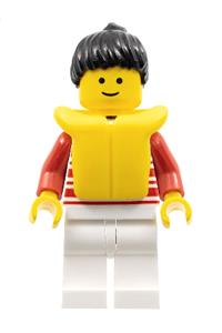 Female Minifigure - Minifigure with red horizontal lines, red arms, white legs, black ponytail hair, and a life jacket - hor022