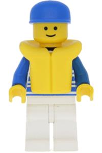 Male Minifigure - Minifigure wearing a blue cap with horizontal blue lines, white legs, blue arms, and a life jacket - hor023