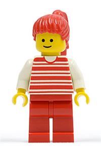 Female Minifigure - Minifigure with red horizontal lines, white arms, and red legs, featuring red ponytail hair - hor024