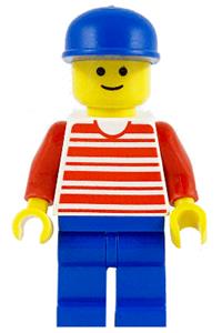 Male Minifigure - Minifigure with red horizontal lines, red arms, blue legs, and a blue cap - hor025
