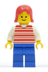 Female Minifigure - Minifigure with red horizontal lines, white arms, blue legs, and red hair - hor027
