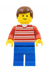 Male Minifigure - Minifigure with red horizontal lines,body and arms, wears blue legs, and has brown male hair - hor028