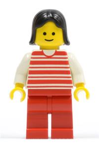 Female Minifigure - Minifigure with red horizontal lines, white arms, red legs, and black female hair - hor029