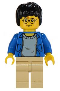 Harry Potter Minifigure - Harry Potter with a blue open shirt torso and tan legs - hp004