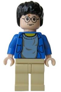 Harry Potter Minifigure - Harry Potter with light nougat hands and head, wearing a blue open shirt torso and tan legs - hp059