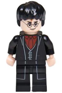 Harry Potter Minifigure - Harry Potter wearing a black long coat and vest over a dark red shirt with a tie - hp133