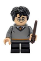 A minifigure dressed as Harry Potter, wearing a Gryffindor sweater and black short legs - hp150