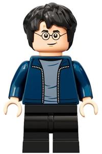 Harry Potter Minifigure - Harry Potter wearing a dark blue open jacket and black medium legs - hp288