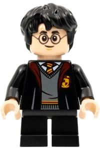 Harry Potter Minifigure - A Harry Potter minifigure wearing a Gryffindor robe, sweater, shirt, tie, and black short legs - hp314
