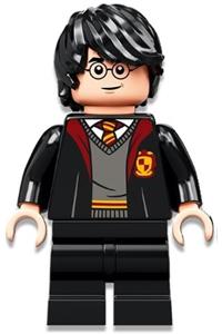 Harry Potter Minifigure - Harry Potter in Gryffindor robe with an open front, wearing black medium legs - hp333