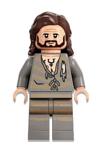 Sirius Black Minifigure - Sirius Black with dark brown hair wearing a light bluish gray tattered striped shirt - hp345