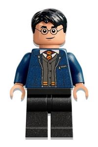 Harry Potter Minifigure - A minifigure wearing a dark blue open jacket over a Gryffindor cardigan sweater with black legs - hp346