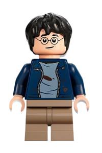 Harry Potter Minifigure - Harry Potter minifigure with a dark blue open jacket, dark tan legs, and a smile with open mouth - hp364
