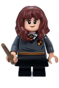 Hermione Granger Minifigure - Hermione Granger wears a Gryffindor sweater with crest, black skirt, and black short legs with dark bluish gray stripes - hp368