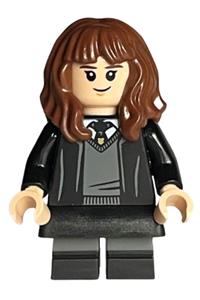 Hermione Granger Minifigure - Hermione Granger with Hogwarts robe, black tie, skirt, and short legs featuring dark bluish gray stripes - hp378