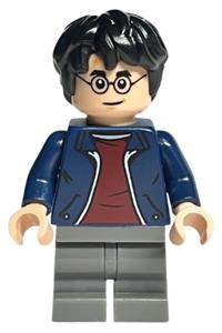 Harry Potter Minifigure - Harry Potter with dark blue open jacket, dark red shirt, and dark bluish gray medium legs - hp380