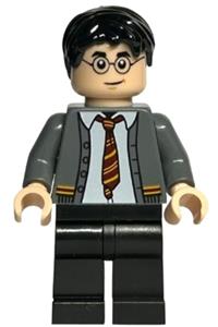 Harry Potter Minifigure - Harry Potter minifigure wearing a dark bluish gray Gryffindor cardigan sweater open over a shirt without wrinkles, black legs - hp396