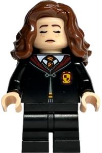 Hermione Granger Minifigure - Hermione Granger with black Gryffindor robe and medium legs, in a sleeping/awake pose - hp415