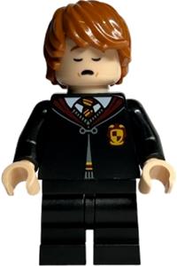 Ron Weasley Minifigure - Ron Weasley in a black Gryffindor robe with medium legs, shown sleeping and awake - hp416