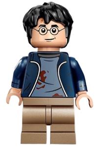 Harry Potter Minifigure - Harry Potter minifigure with dark blue open jacket (torn and stained), printed arms, and dark tan medium legs - hp419