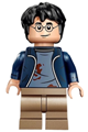Harry Potter minifigure with dark blue open jacket (torn and stained), printed arms, and dark tan medium legs - hp419
