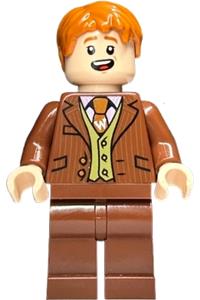 Fred Weasley Minifigure - Fred Weasley wearing a reddish brown suit, dark orange tie, with a grin or smiling expression - hp433