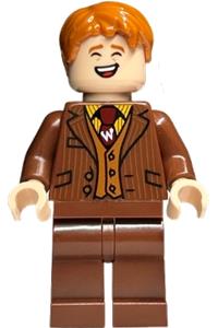 George Weasley Minifigure - George Weasley wearing a reddish brown suit, dark red tie, and smiling/laughing - hp435