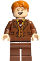 George Weasley wearing a reddish brown suit, dark red tie, and smiling/laughing - hp435