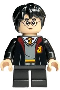 Harry Potter Minifigure - Harry Potter with Gryffindor robe open, black short legs, with a grin and an open mouth smile - hp438