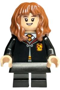 Hermione Granger Minifigure - Hermione Granger in Gryffindor robe, black skirt, black short legs with dark bluish gray stripes, with an open mouth smile/confused expression - hp439