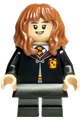 Hermione Granger in Gryffindor robe, black skirt, black short legs with dark bluish gray stripes, with an open mouth smile/confused expression - hp439