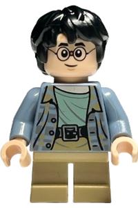 Harry Potter Minifigure - Harry Potter with sand blue jacket, dark tan short legs, and broken glasses - hp449