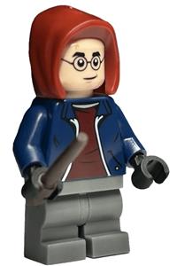 Harry Potter Minifigure - A Harry Potter minifigure wearing a dark blue jacket with a dark red shirt, dark bluish gray medium legs, and a dark red hood - hp458