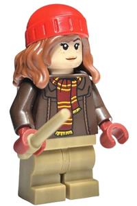Hermione Granger Minifigure - Hermione Granger with reddish brown jacket, dark red scarf, dark tan legs, and reddish brown hair with red beanie - hp460