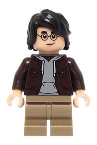 Harry Potter Minifigure - Harry Potter with a dark brown open jacket and dark tan medium legs - hp467