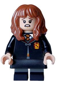 Hermione Granger Minifigure - Hermione Granger in Gryffindor robe with black skirt, short legs with dark bluish gray stripes, alternating between scared and grinning - hp468