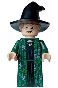 Professor Minerva McGonagall - Minerva McGonagall wearing a dark green robe over a black dress, with a hat featuring hair and printed arms - hp473